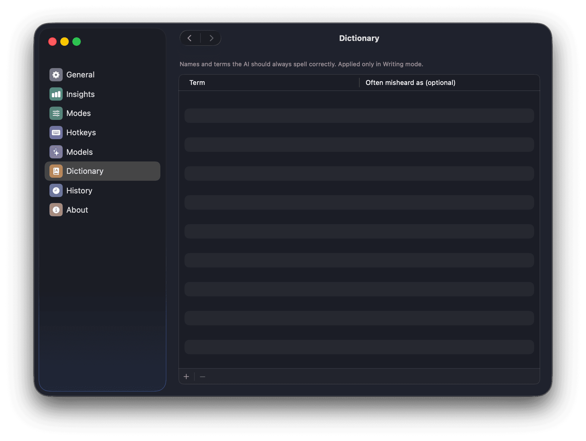 WisprFree Dictionary settings pane