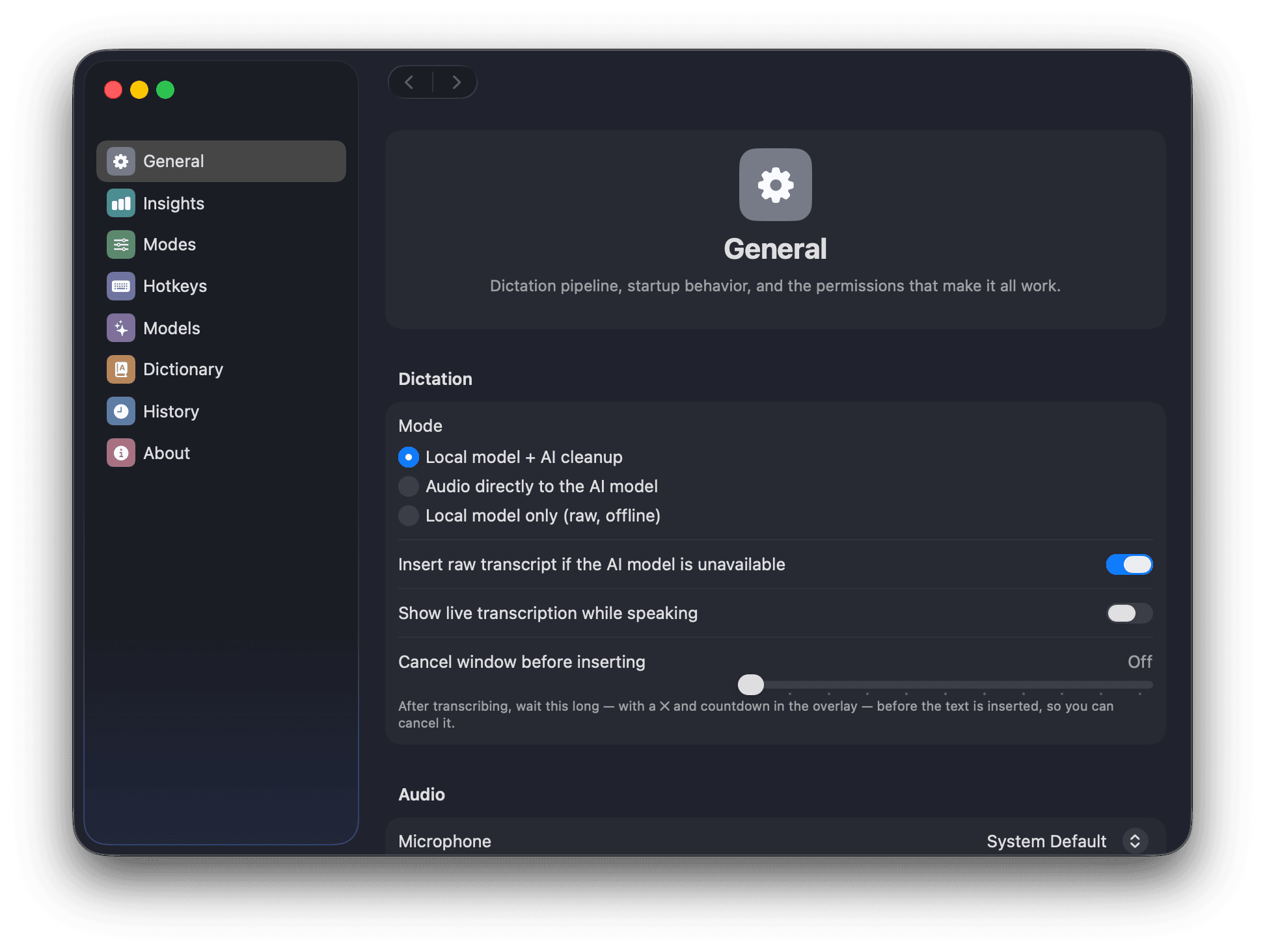 WisprFree General settings pane