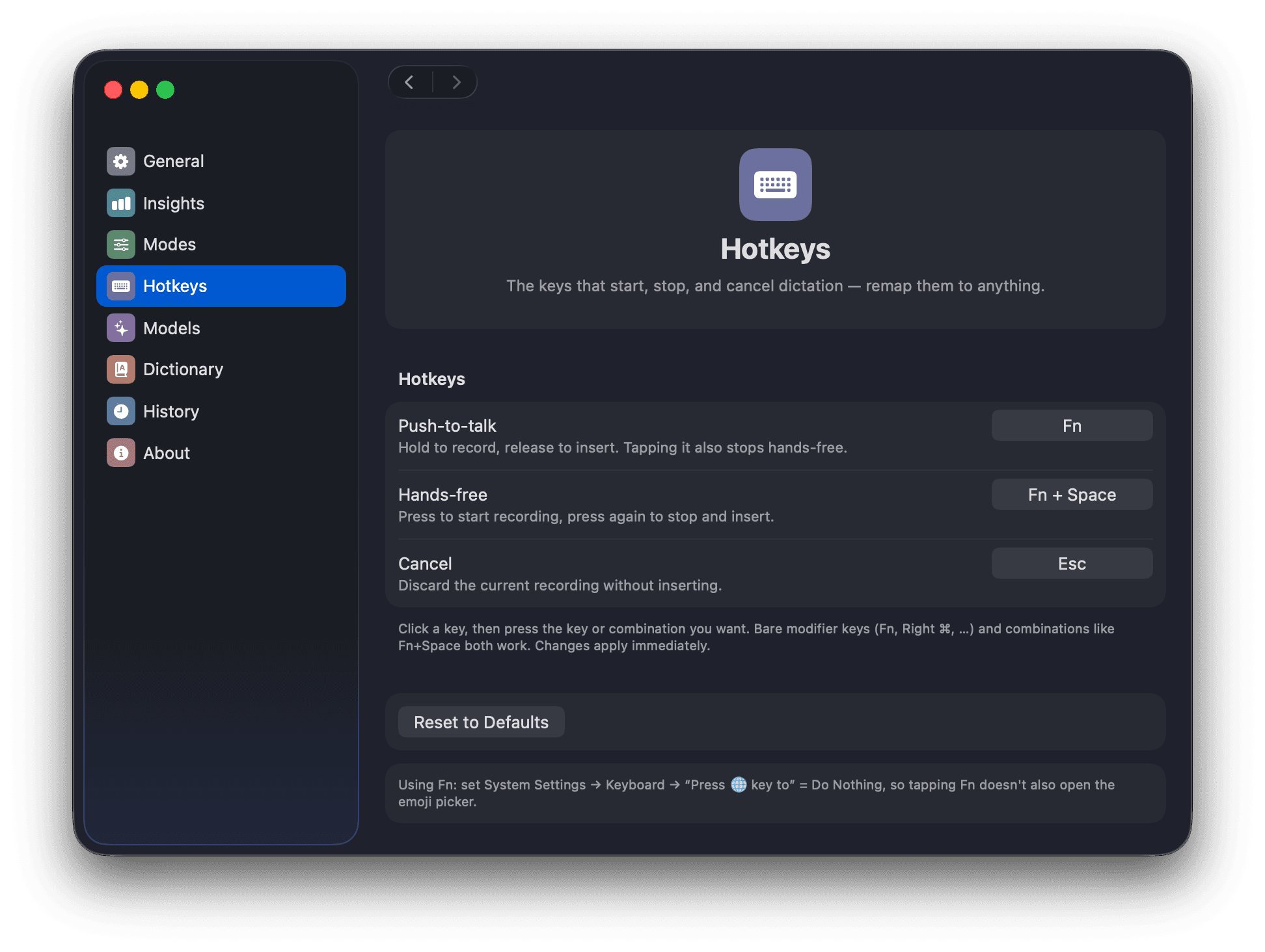 WisprFree Hotkeys settings pane
