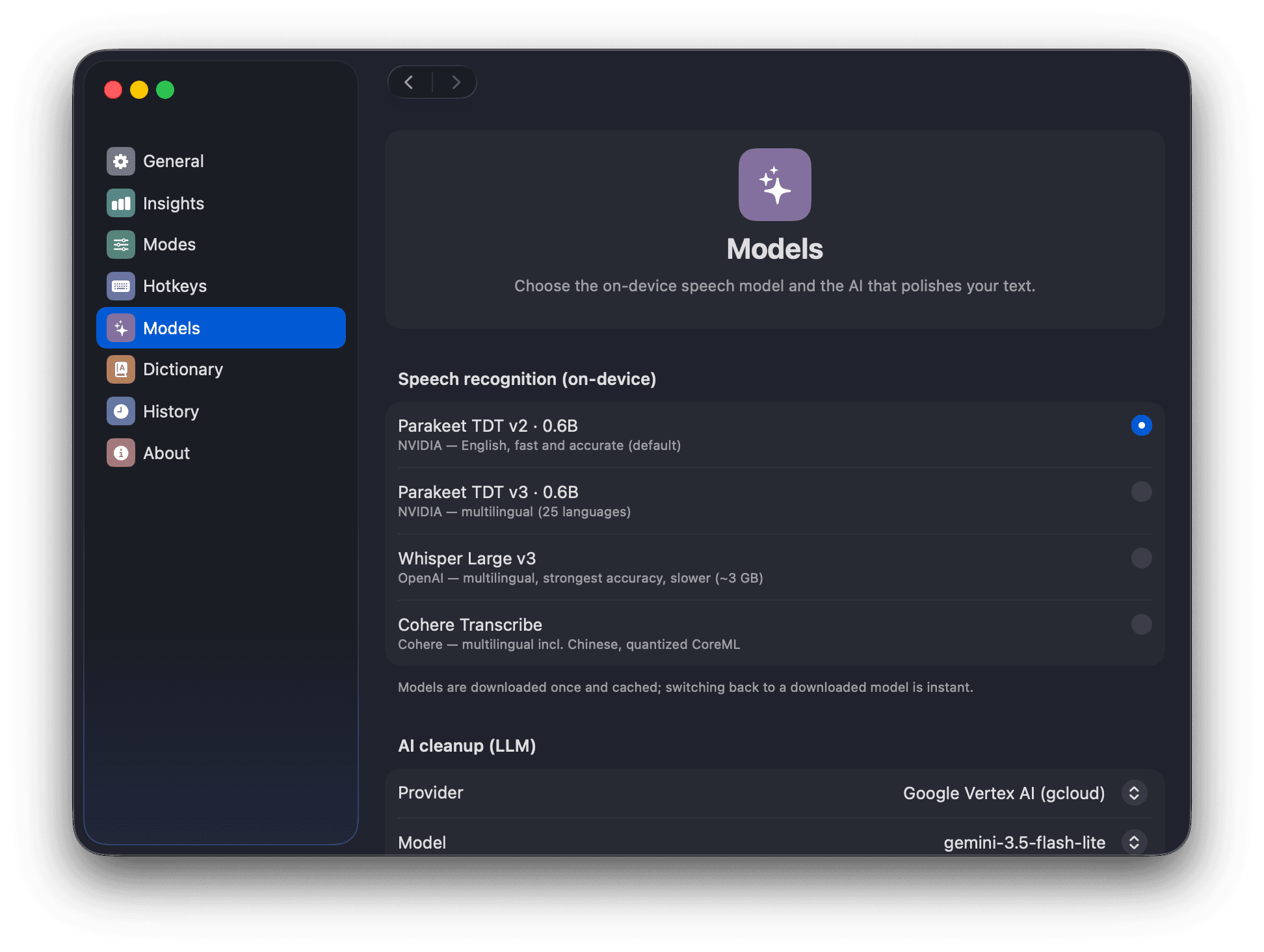 WisprFree Models settings pane