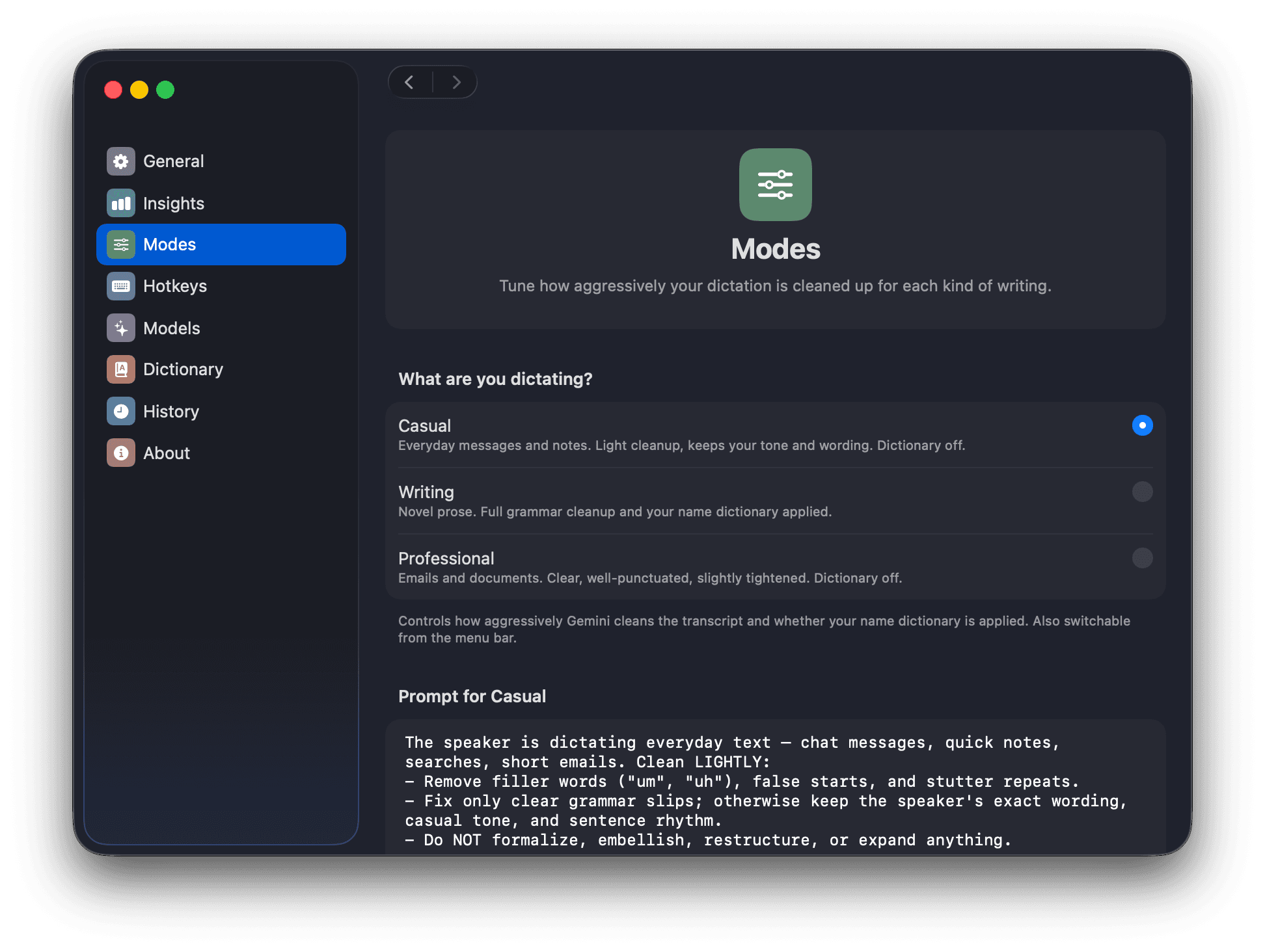 WisprFree Modes settings pane